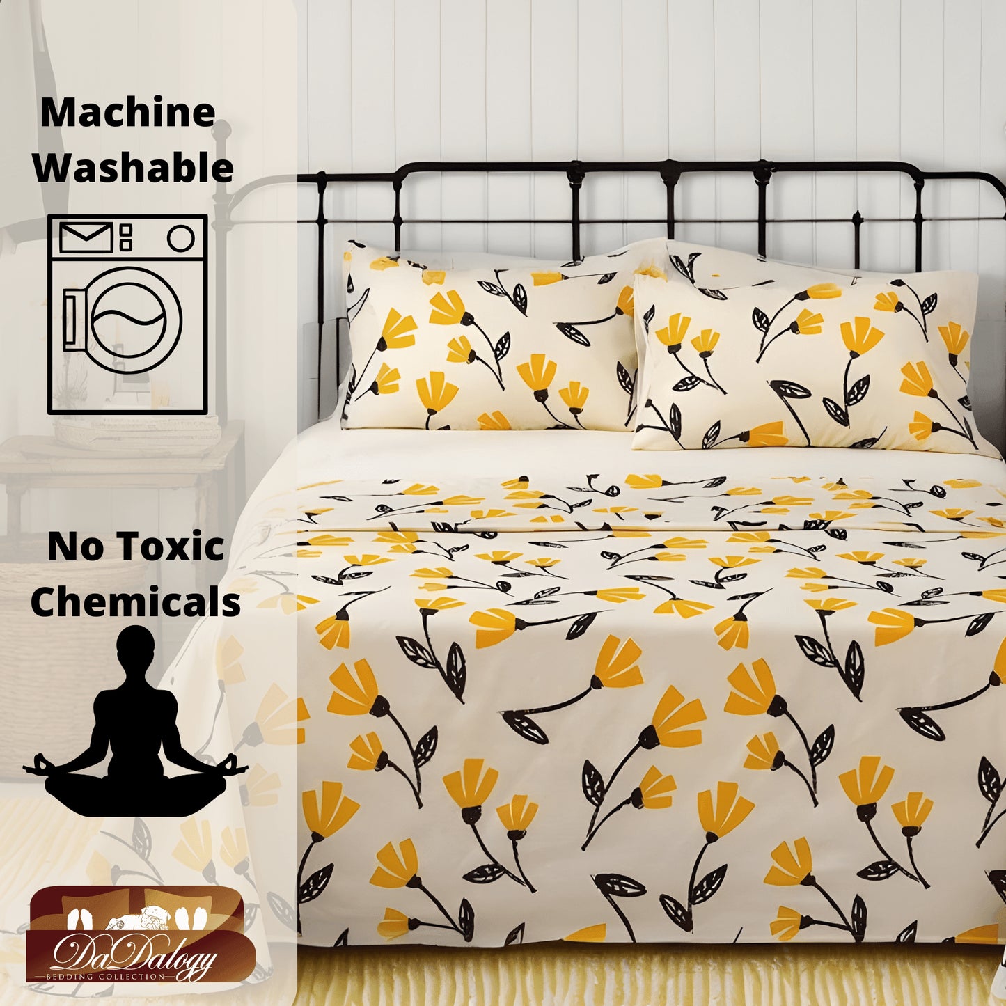DaDa Bedding Yellow Fleur Golden Orange Floral Ivory Fitted & Flat Bed Sheets Set (18112)