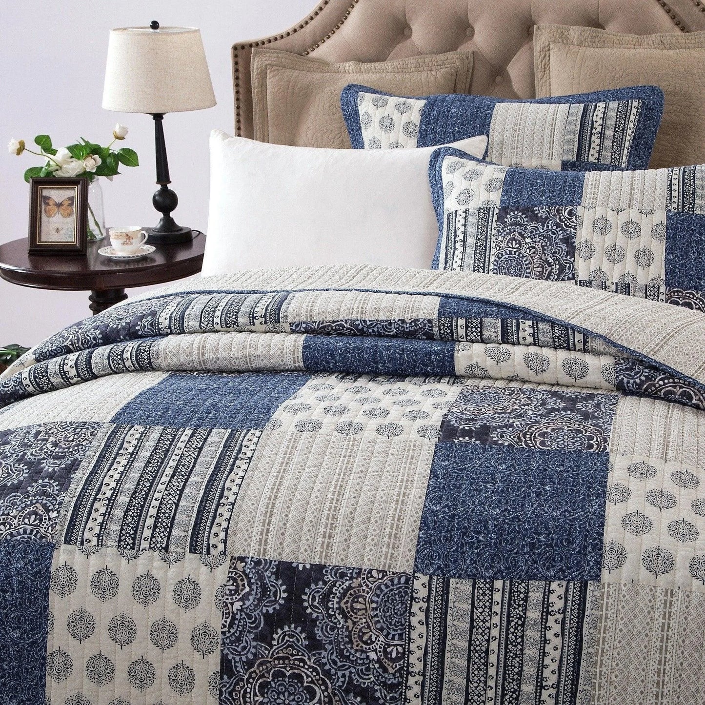 DaDa Bedding Bohemian Denim Blue Elegance Patchwork Cotton Bedspread Set (JHW-660)