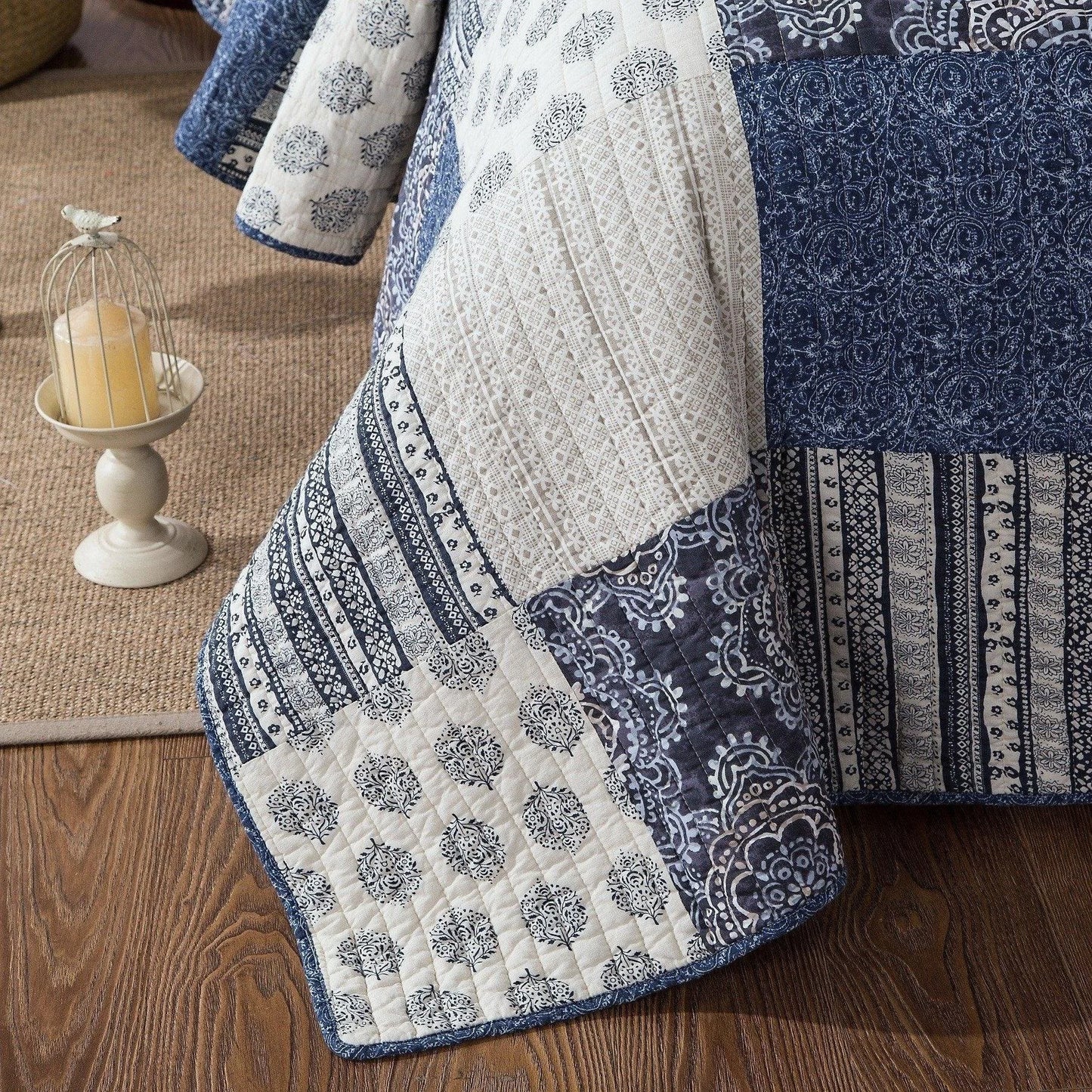 DaDa Bedding Bohemian Denim Blue Elegance Patchwork Cotton Bedspread Set (JHW-660)