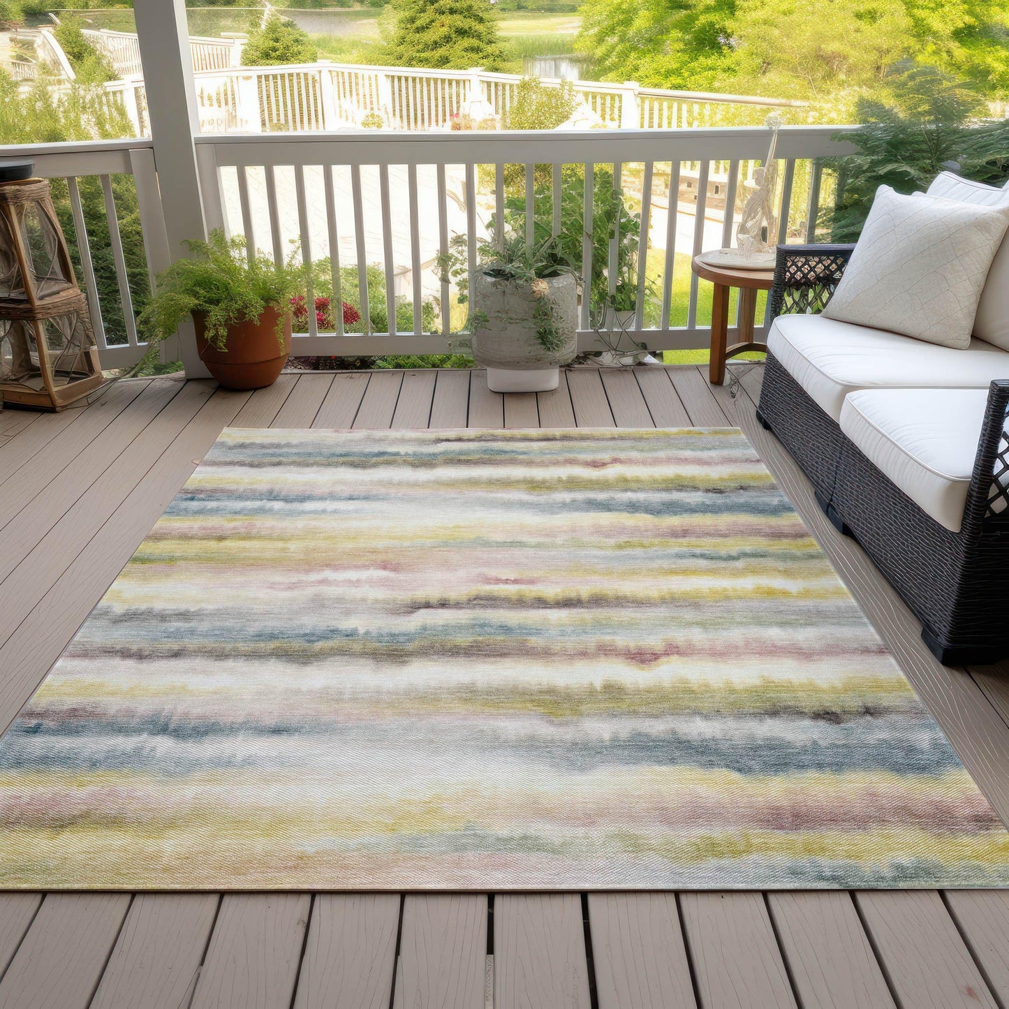 5' X 8' Gold Gray and Ivory Striped Washable Indoor Outdoor Area Rug