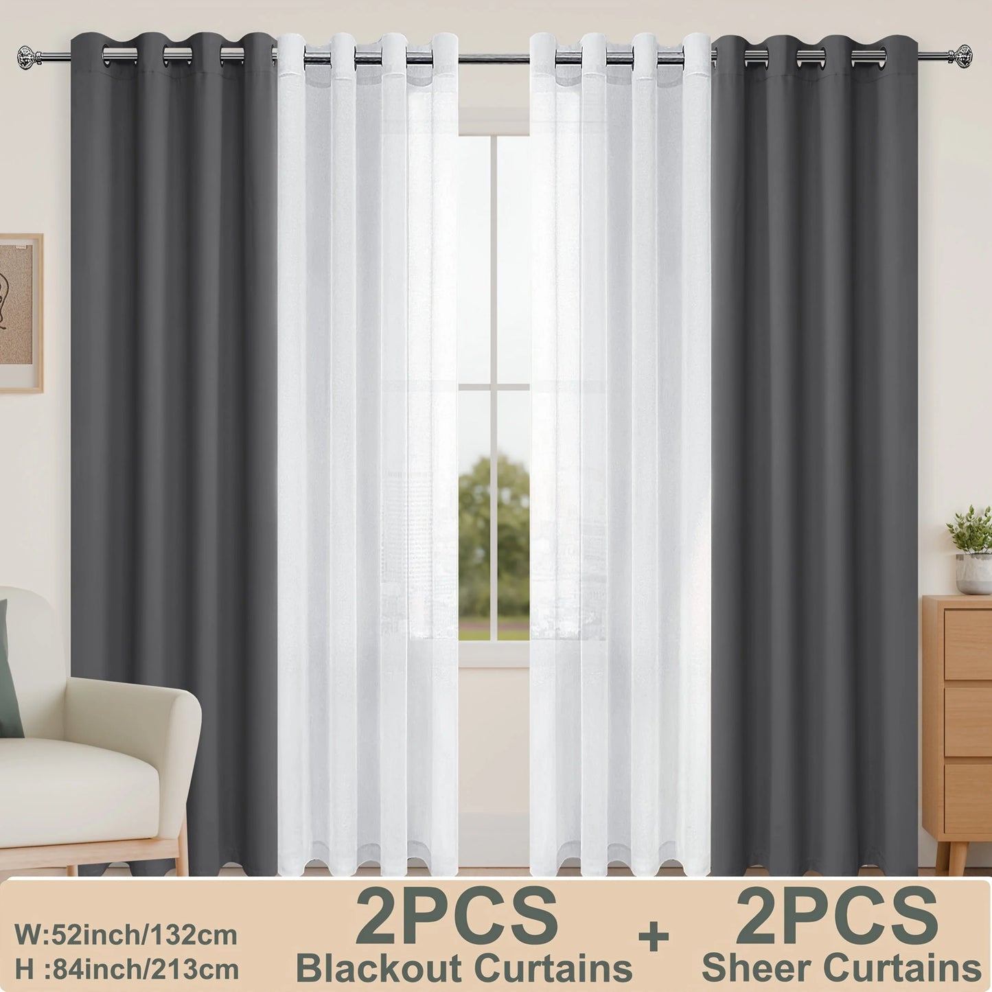 4pcs/SET Curtains - 2pcs Blackout Curtains with Tiebacks And 2pcs Sheer Curtains