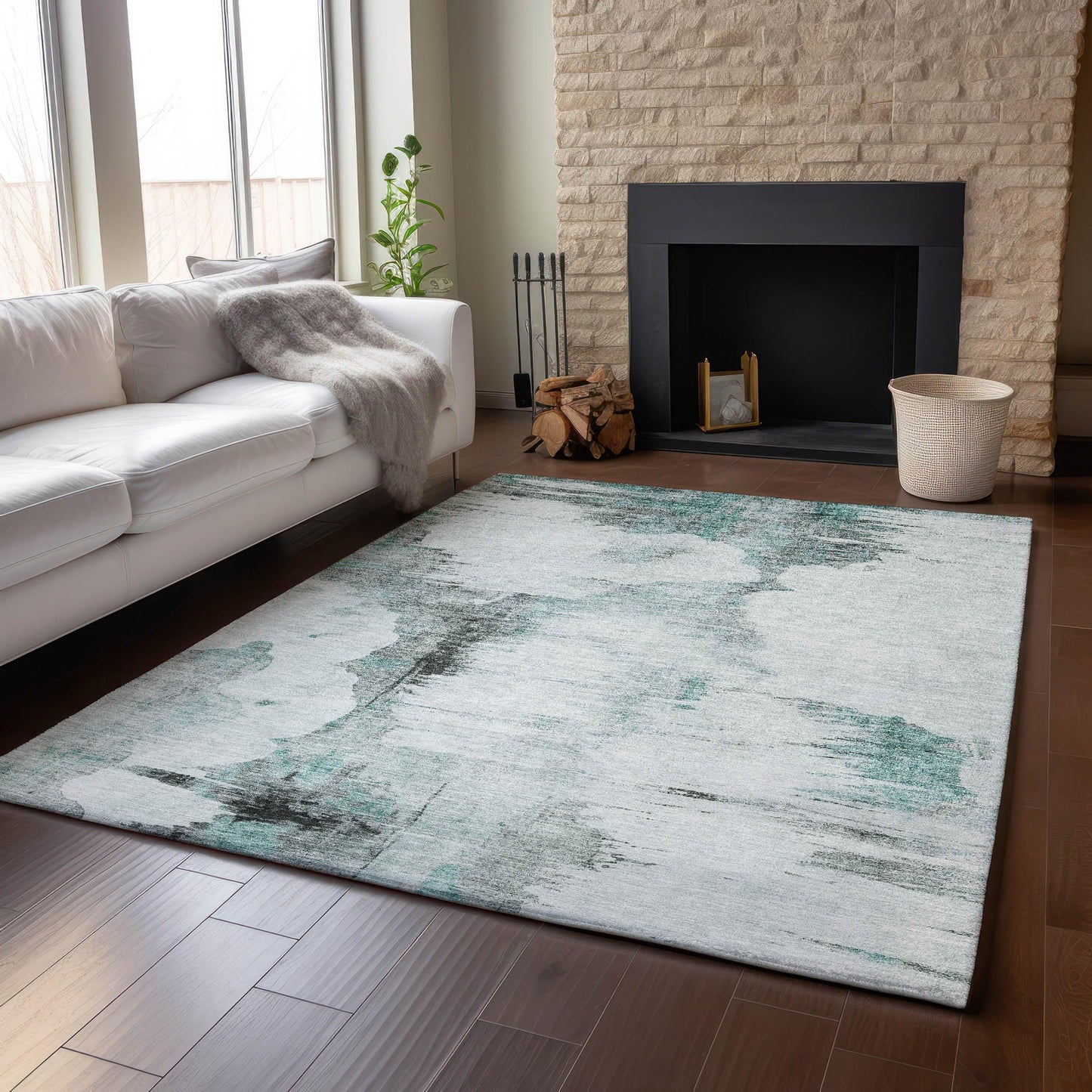 5' X 8' Teal Gray and Ivory Abstract Washable Area Rug with UV Protection