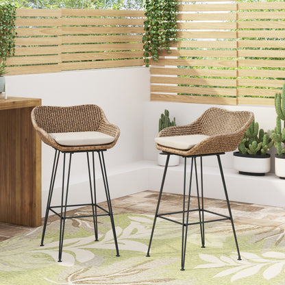 29.25' Outdoor Wicker and Iron Barstools, Light Brown, Beige Cushion (Set of 2)