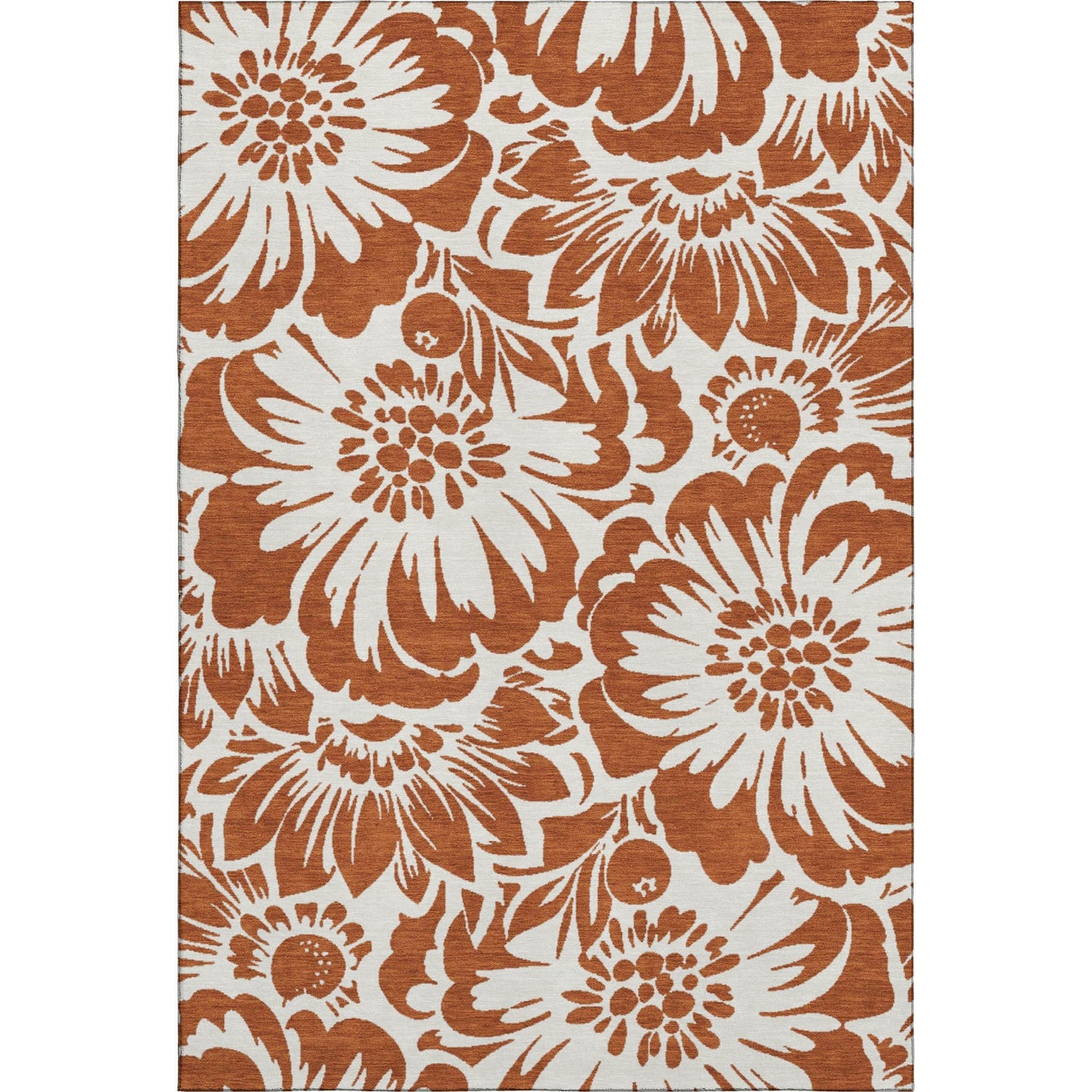 5' X 8' Rust and Ivory Floral Washable Area Rug with UV Protection