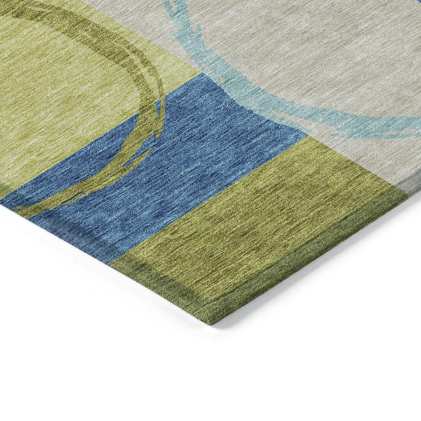 5' X 8' Denim Blue and Lime Green Geometric Washable Indoor Outdoor Area Rug