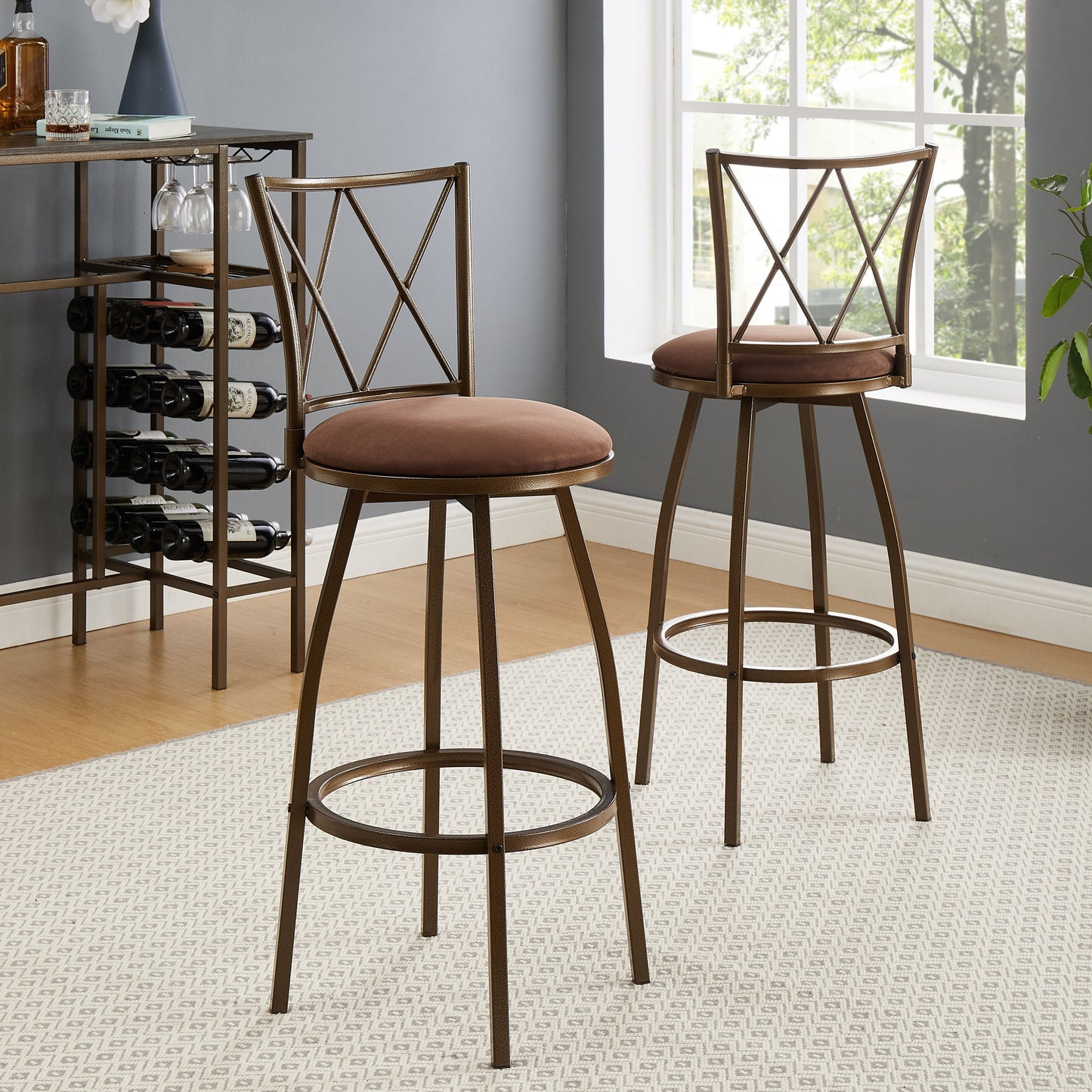 2 Piece Bar Stools, Brown Bar Stools, Industrial,Easy to Assemble, With Footrest