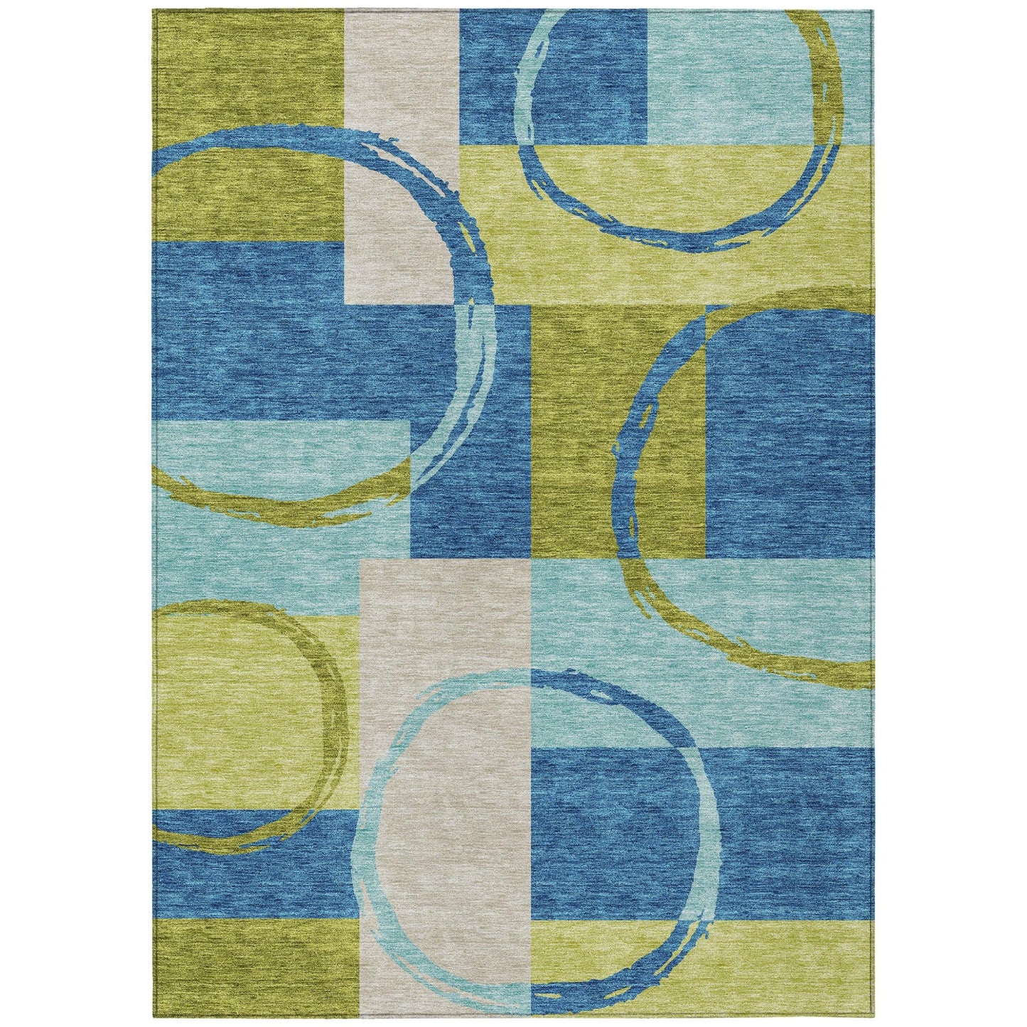 5' X 8' Denim Blue and Lime Green Geometric Washable Indoor Outdoor Area Rug