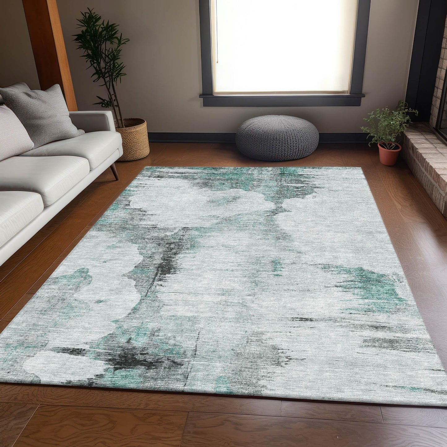 5' X 8' Teal Gray and Ivory Abstract Washable Area Rug with UV Protection