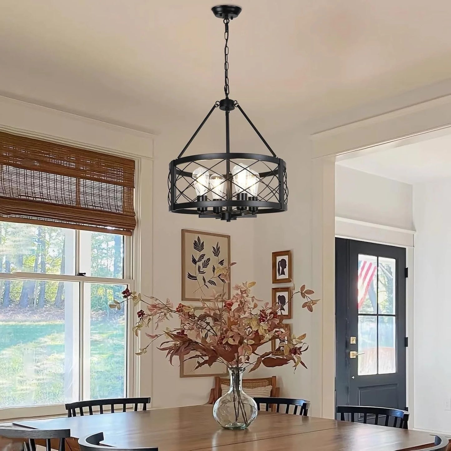 Black Industrial Chandelier Four Light Drum Fixture