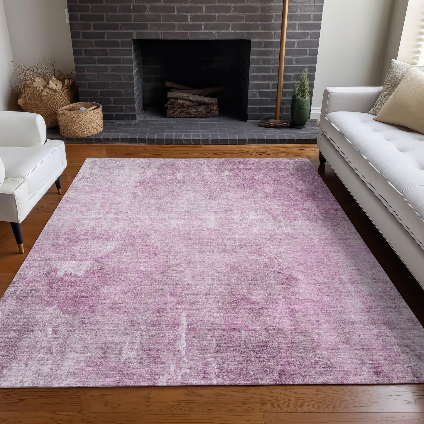 5' X 8' Pink and Ivory Abstract Washable Indoor Outdoor Area Rug