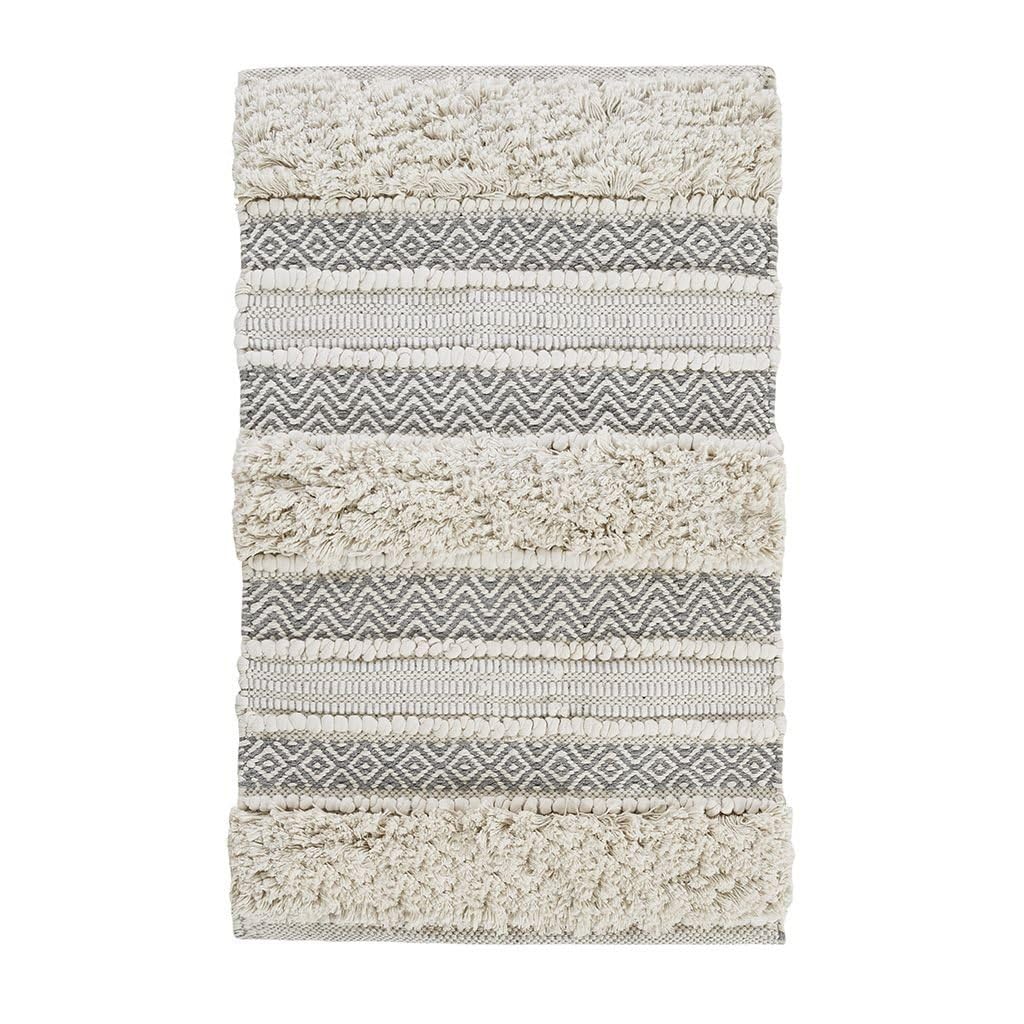 32" Ivory and Gray Cotton Striped Bath Rug