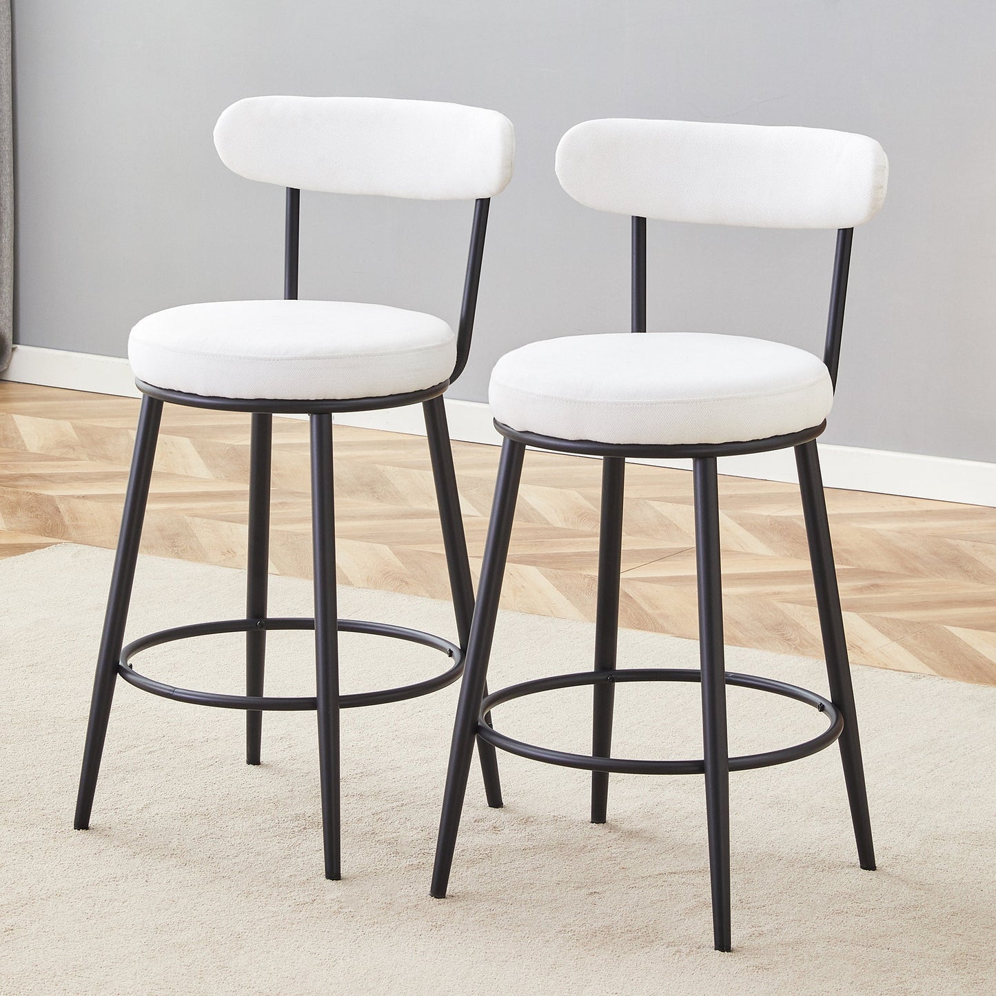 High Legged Bar Chairs with White Cushions, 35.5 Inches Tall, Black and White.