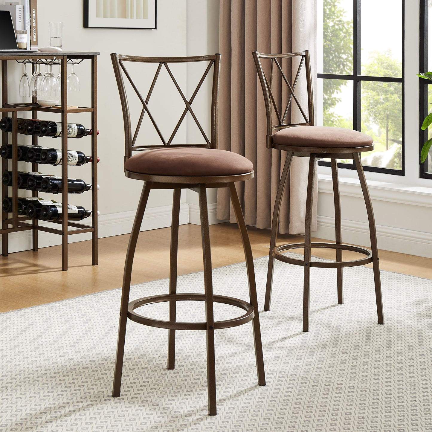 2 Piece Bar Stools, Brown Bar Stools, Industrial,Easy to Assemble, With Footrest