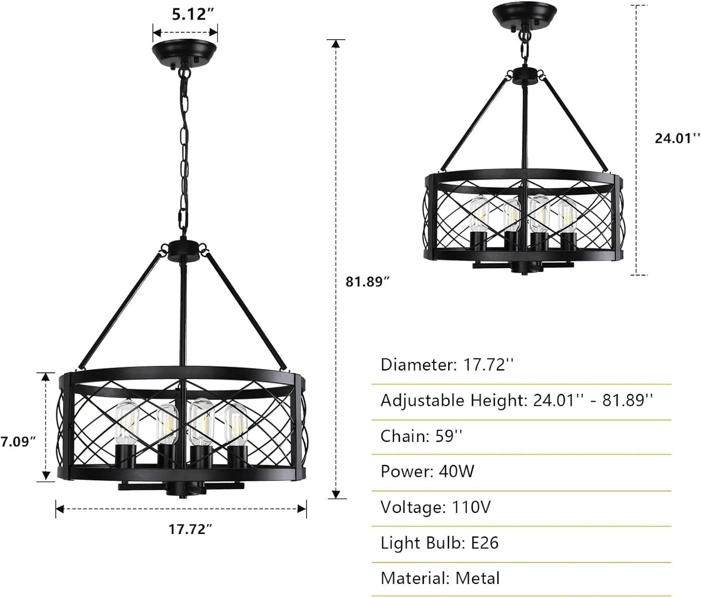 Black Industrial Chandelier Four Light Drum Fixture