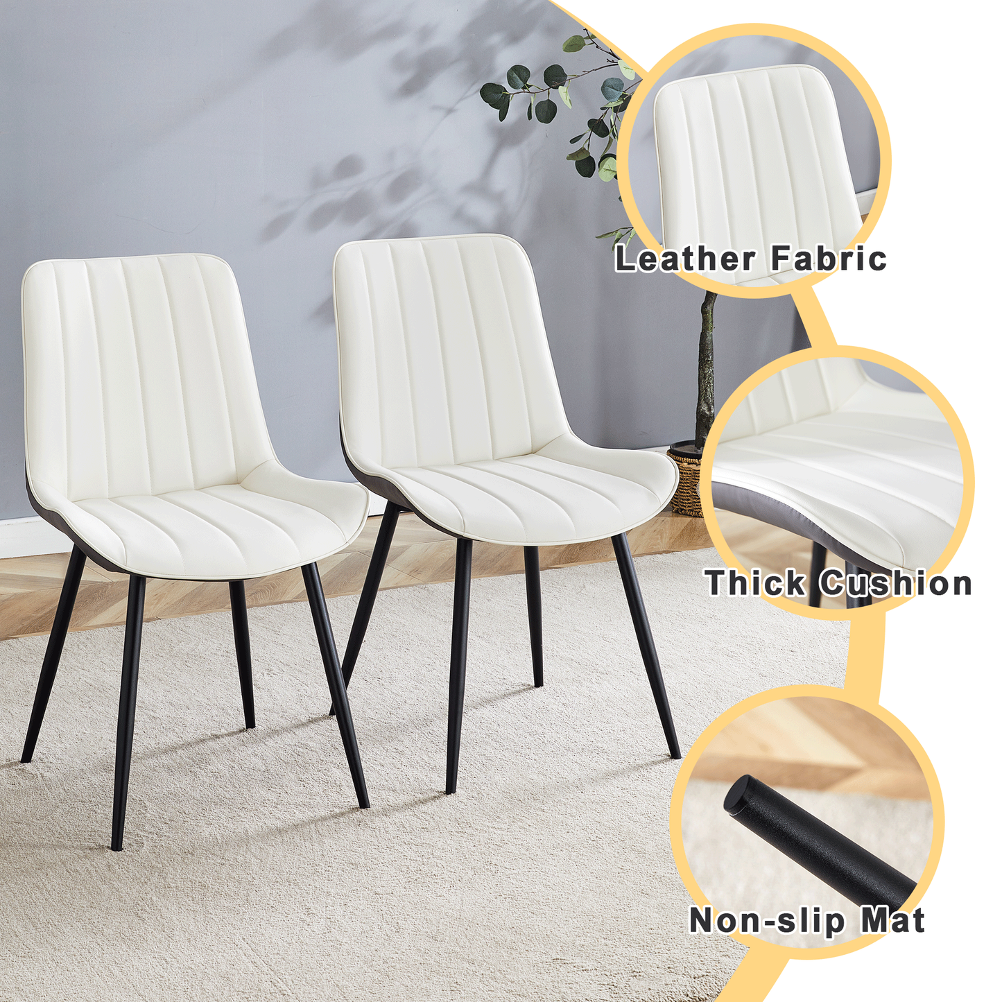 Modern Minimalist Dining Chair Set-White/Dark Gray PU Leather, Metal Legs, 4 Pcs