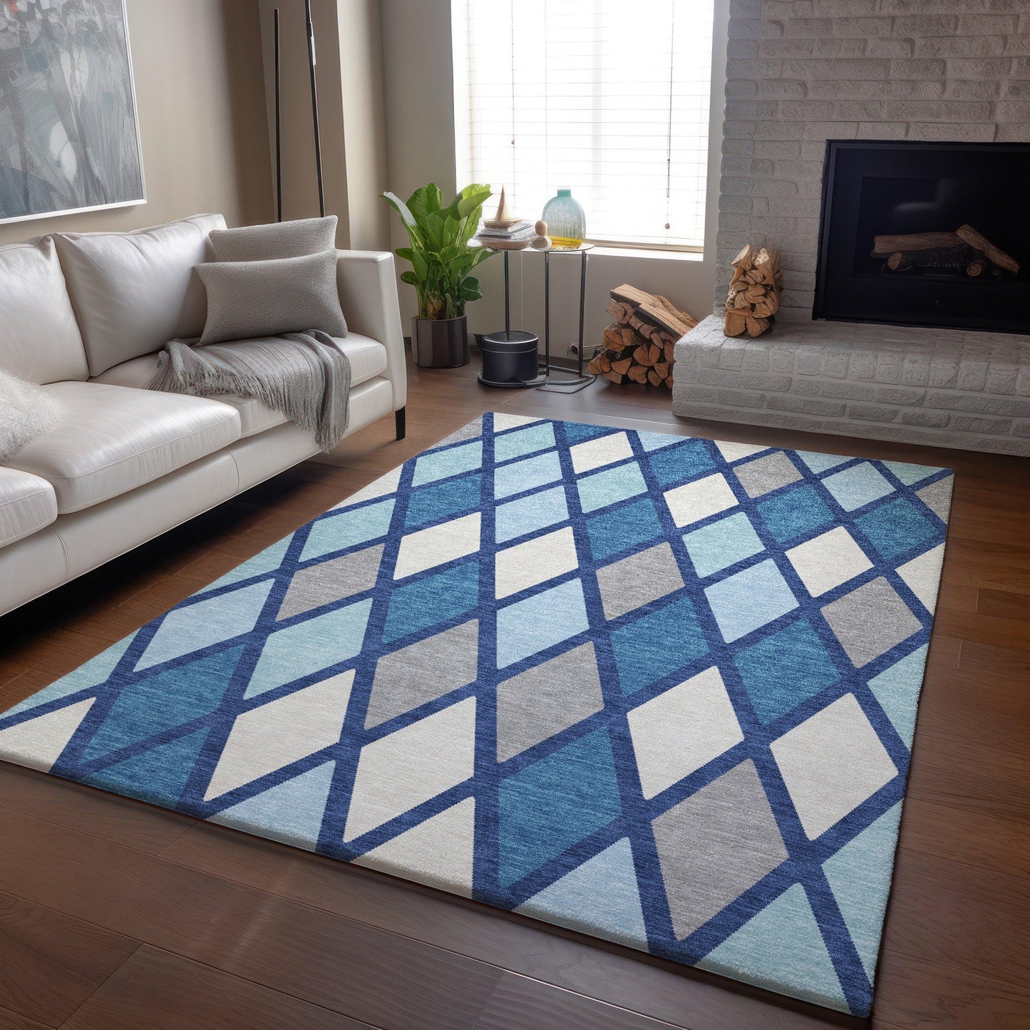 3' X 5' Navy Blue and Ivory Geometric Washable Area Rug with UV Protection