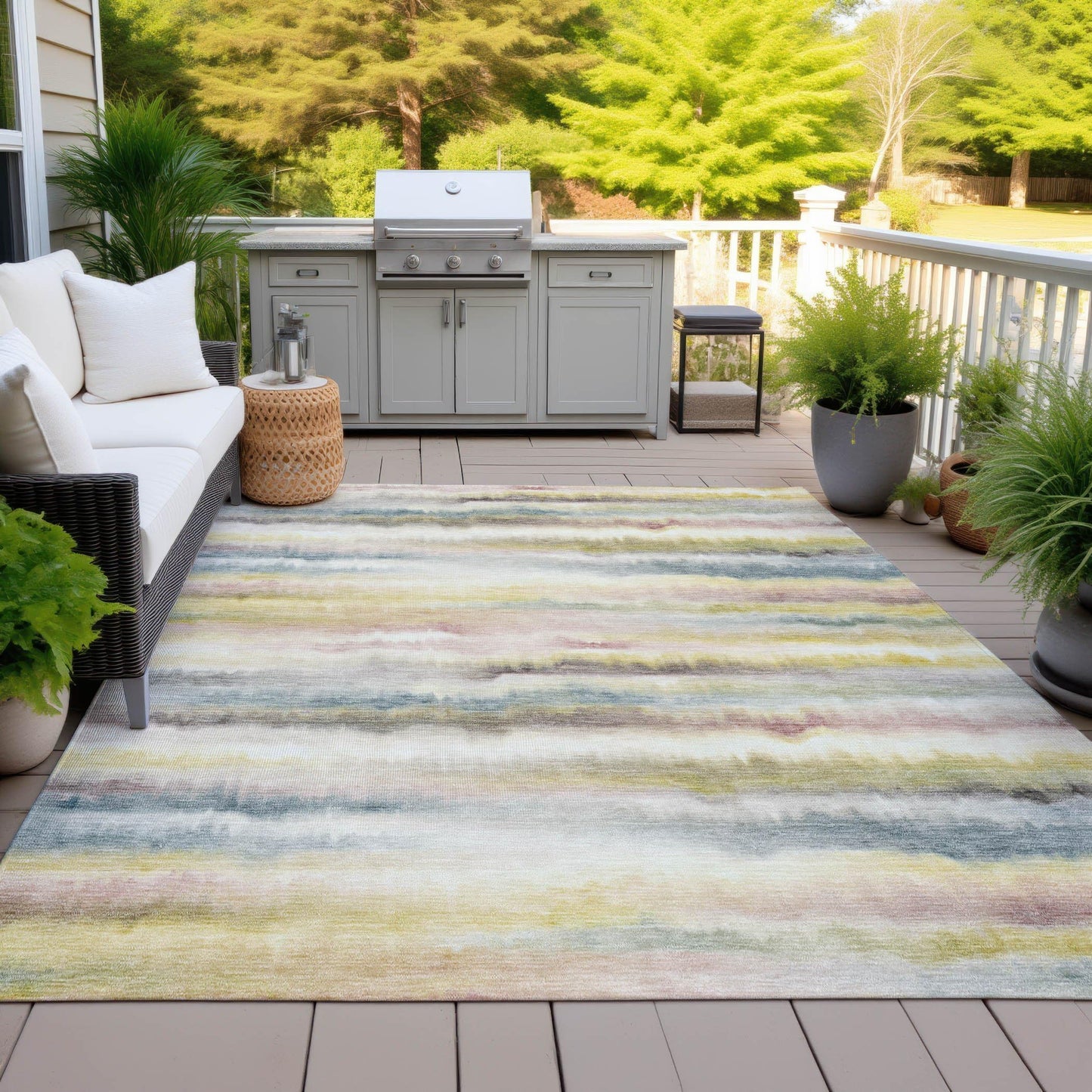 5' X 8' Gold Gray and Ivory Striped Washable Indoor Outdoor Area Rug