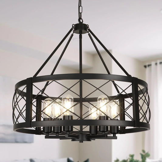 6 Light Black Rustic Drum Chandelier For Dining Room