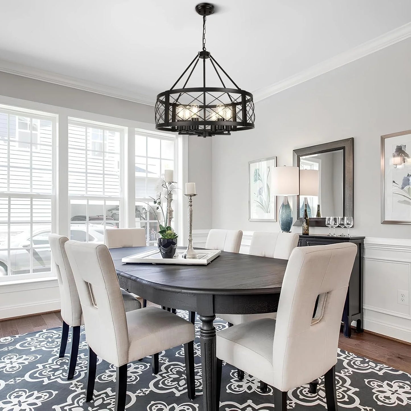 6 Light Black Rustic Drum Chandelier For Dining Room