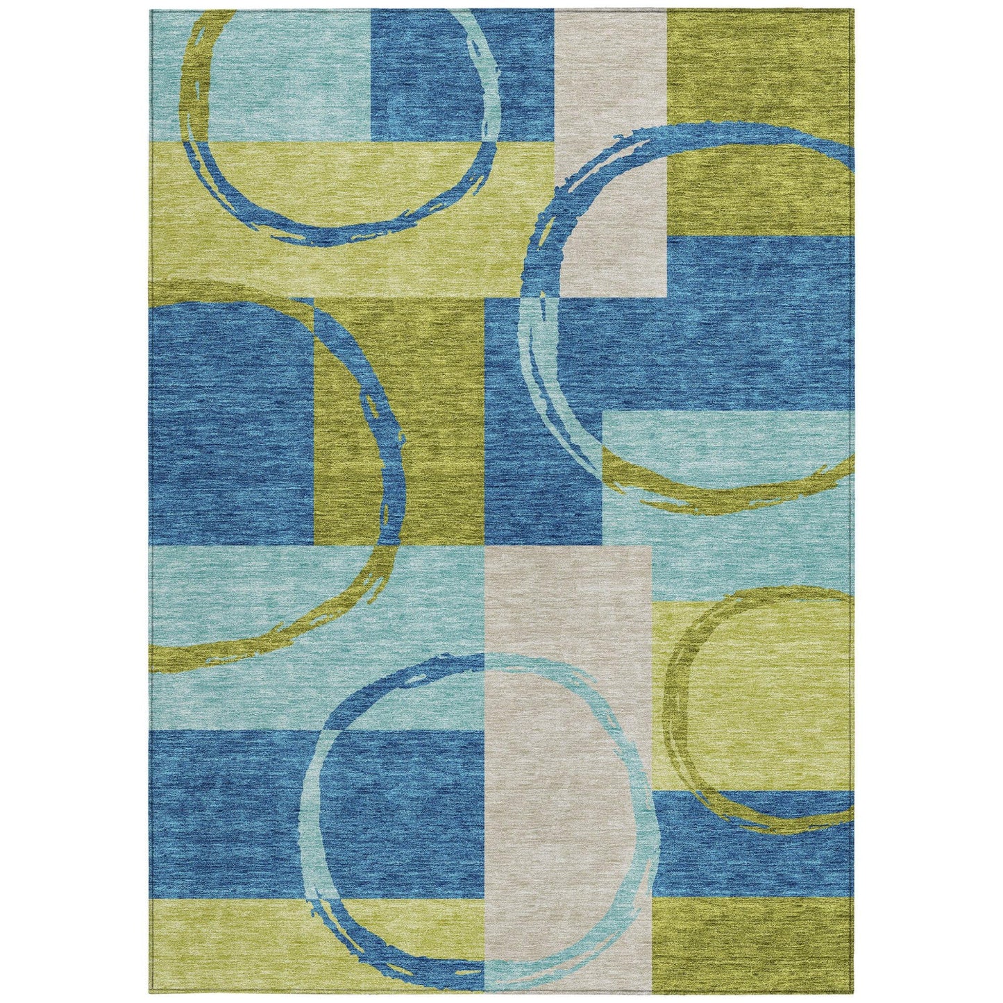 5' X 8' Denim Blue and Lime Green Geometric Washable Indoor Outdoor Area Rug