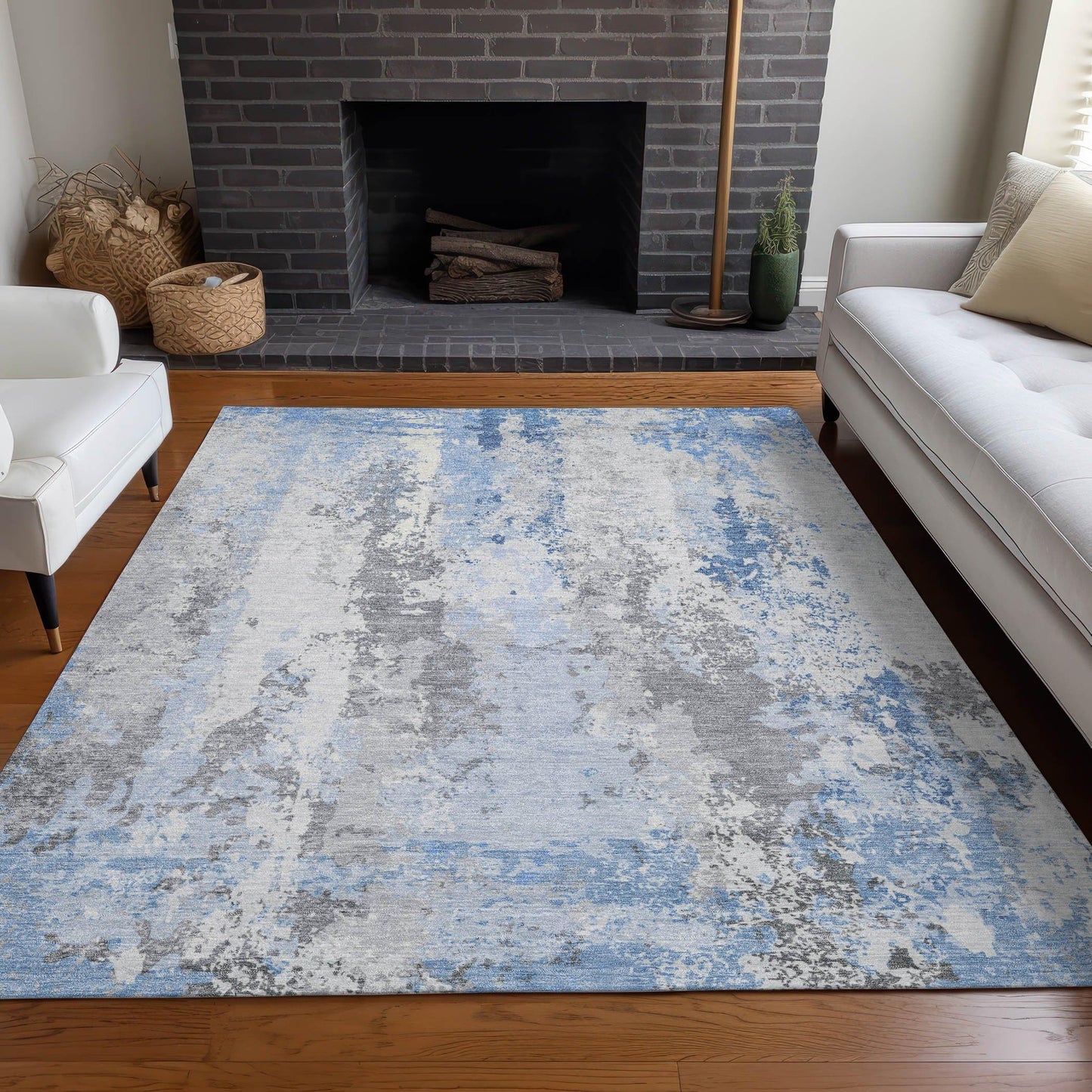 5' X 8' Sky Blue and Ivory Abstract Washable Indoor Outdoor Area Rug