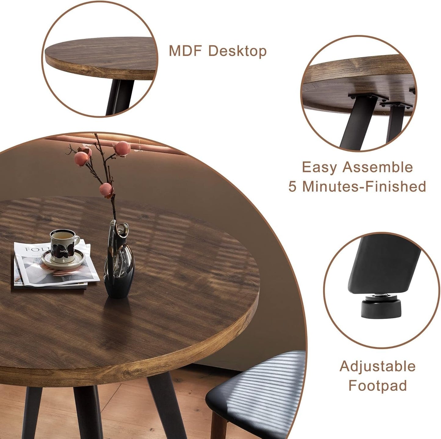 Contemporary Rustic Walnut Wood Dining Table 31.5in Round