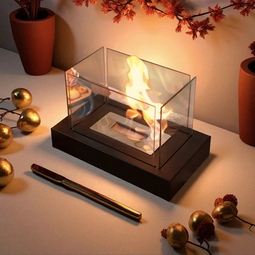 360° View Rectangular Tabletop Fireplace Fire Bowl With Four-Sided Glass