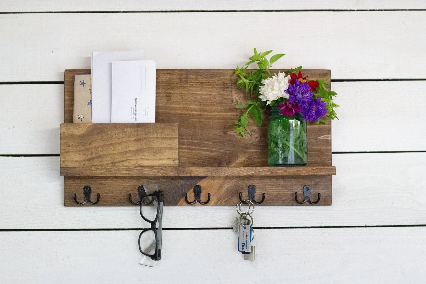 Solid Front Mail Holder with Shelf and Key Hooks.