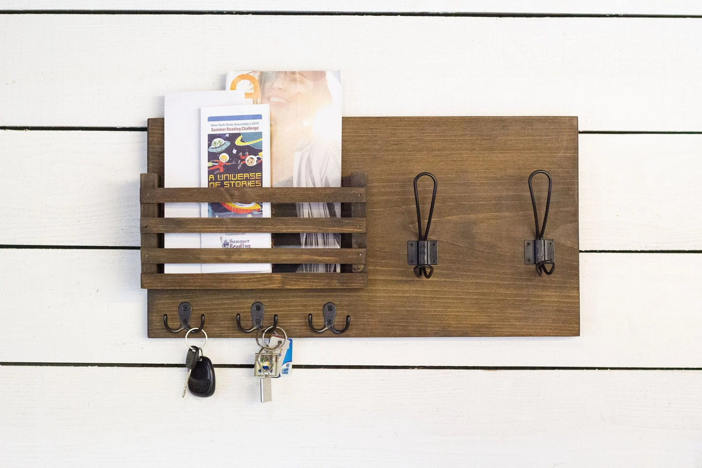 Mail Holder with Key Hooks and Farmhouse Style Coat Hooks