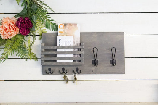 Mail Holder with Key Hooks and Farmhouse Style Coat Hooks