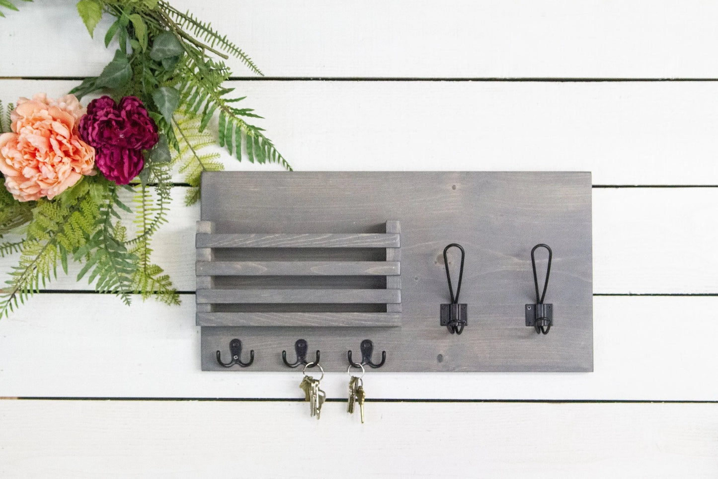 Mail Holder with Key Hooks and Farmhouse Style Coat Hooks