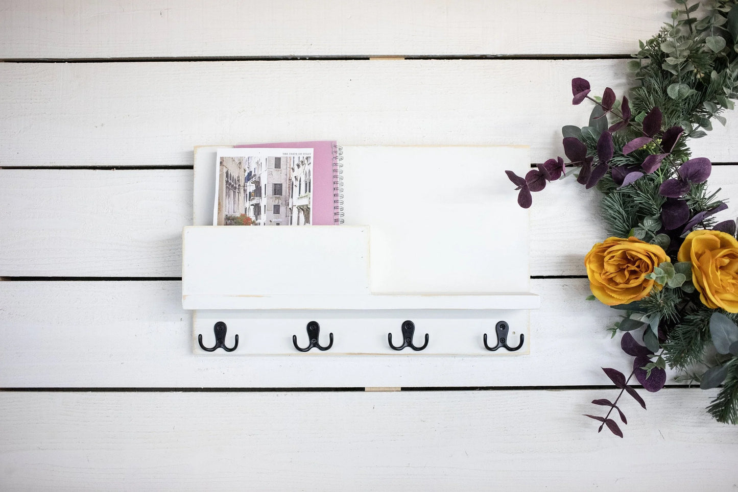 Solid Front Mail Holder with Shelf and Key Hooks.