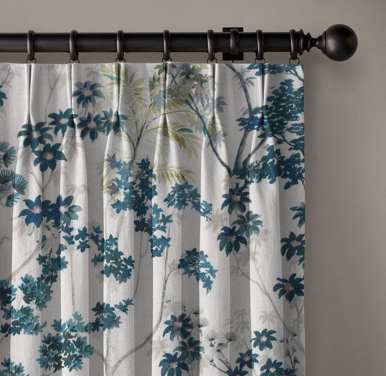Elegant Hand Painted Floral Linen Cotton Curtains - UK Made to Measure Pinch Pleated Window Drapes