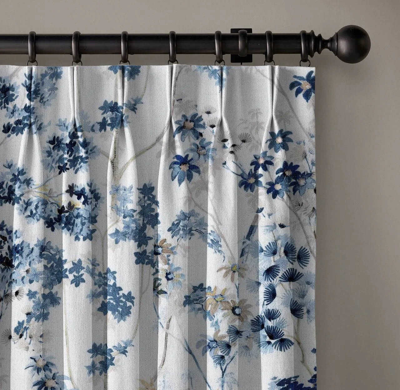 Elegant Hand Painted Floral Linen Cotton Curtains - UK Made to Measure Pinch Pleated Window Drapes