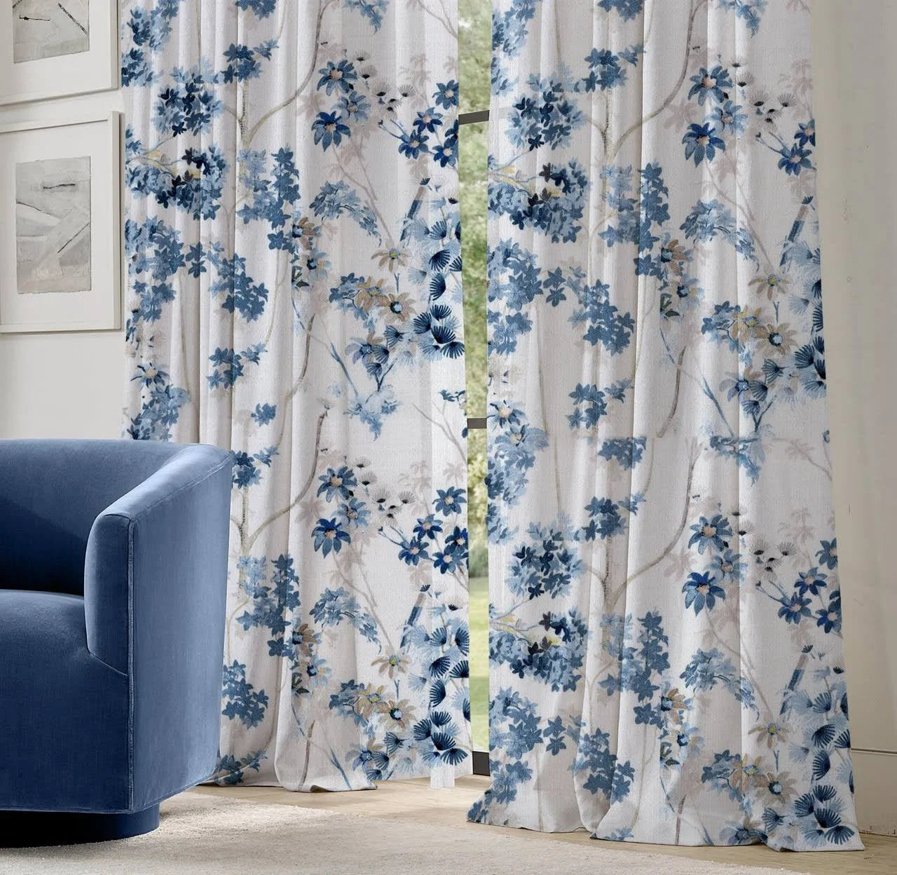 Elegant Hand Painted Floral Linen Cotton Curtains - UK Made to Measure Pinch Pleated Window Drapes