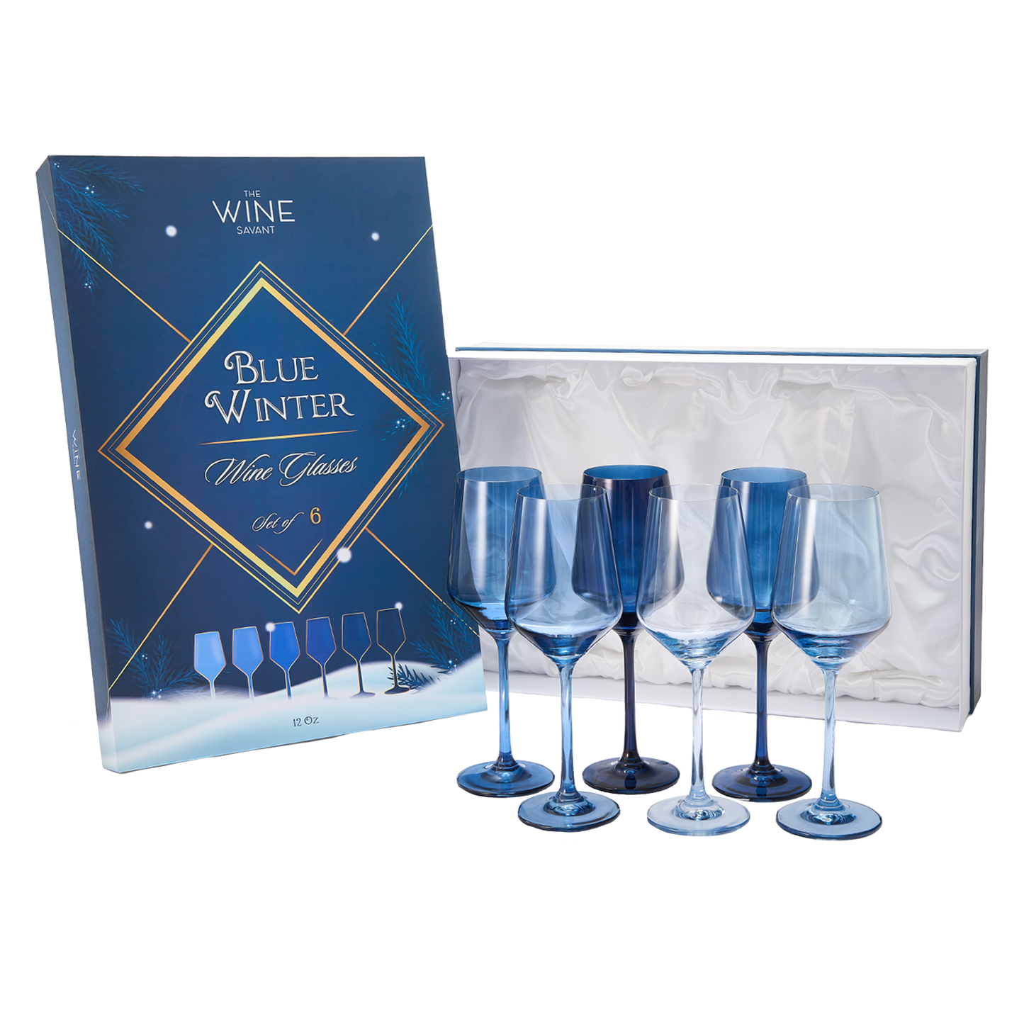 Blue Winter Christmas Wine Glasses | Set of 12 | Navy Colors